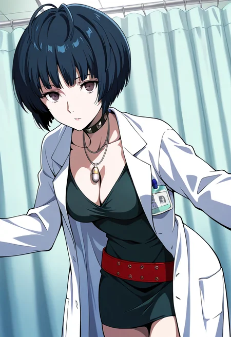 1 girl, solo, cute face,
p5tae, tae takemi, short hair,
labcoat, necklace, choker, studded collar, short dress, dark green dress, cleavage, red belt,
cowboy shot,
infirmary, hospital room, looking at viewer,
masterpiece, best quality, ultra detailed