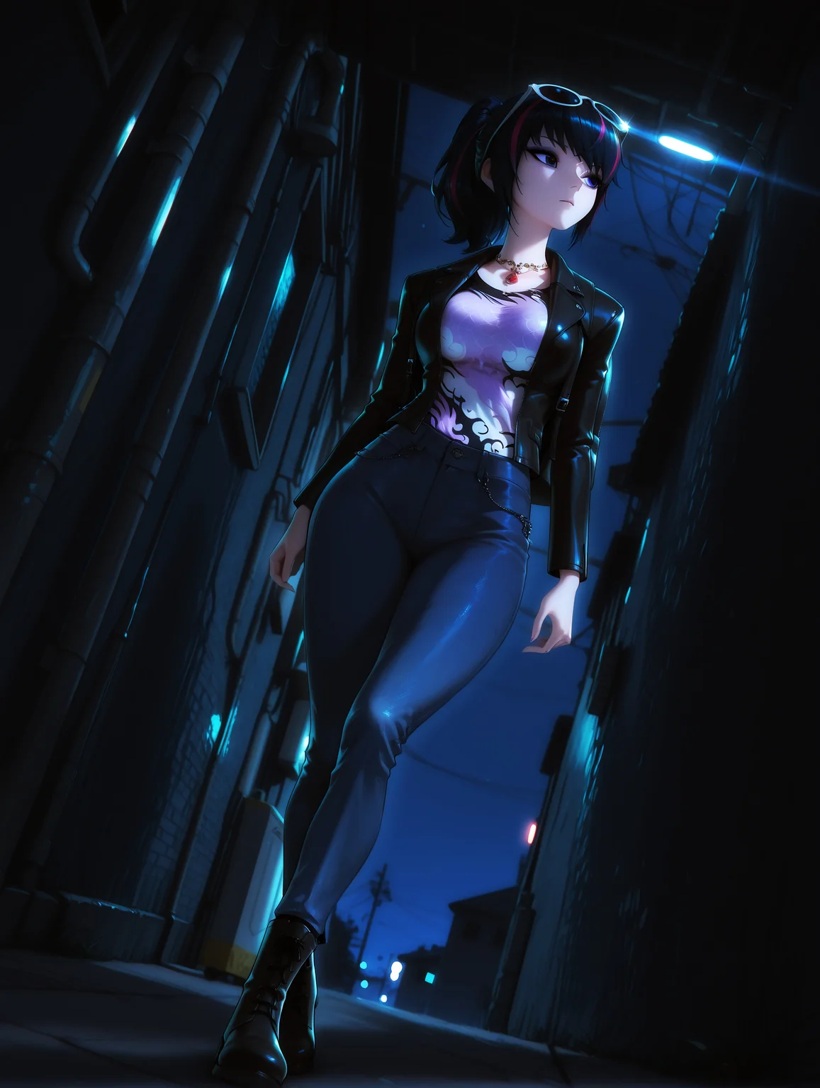 masterpiece, very aesthetic, best quality, hiper-detailed, intricate details, dramatic light, dynamic light, rich colors, solo, sexy girl, wide hips, full body, dynamic angle, medium breast, dark, darkness, night, Imtdfeiwu, 1girl, black hair, multicolored hair, jacket, eyewear on head, sunglasses, ponytail, leather jacket, black jacket, pants, denim pants, streaked hair, shirt, open jacket, bangs, boots, necklace, backpack, long sleeves, eyeshadow