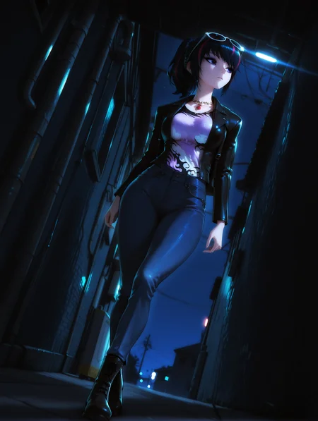 masterpiece, very aesthetic, best quality, hiper-detailed, intricate details, dramatic light, dynamic light, rich colors, solo, sexy girl, wide hips, full body, dynamic angle, medium breast, dark, darkness, night, Imtdfeiwu, 1girl, black hair, multicolored hair, jacket, eyewear on head, sunglasses, ponytail, leather jacket, black jacket, pants, denim pants, streaked hair, shirt, open jacket, bangs, boots, necklace, backpack, long sleeves, eyeshadow