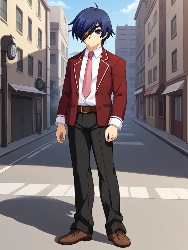 1boy, solo, kakerueleveneyes, blue hair, short hair, ahoge, blue eyes, eyepatch, red blazer, white collared shirt, pink necktie, brown belt, black pants, brown shoes, school uniform, outdoors, street, standing, full body