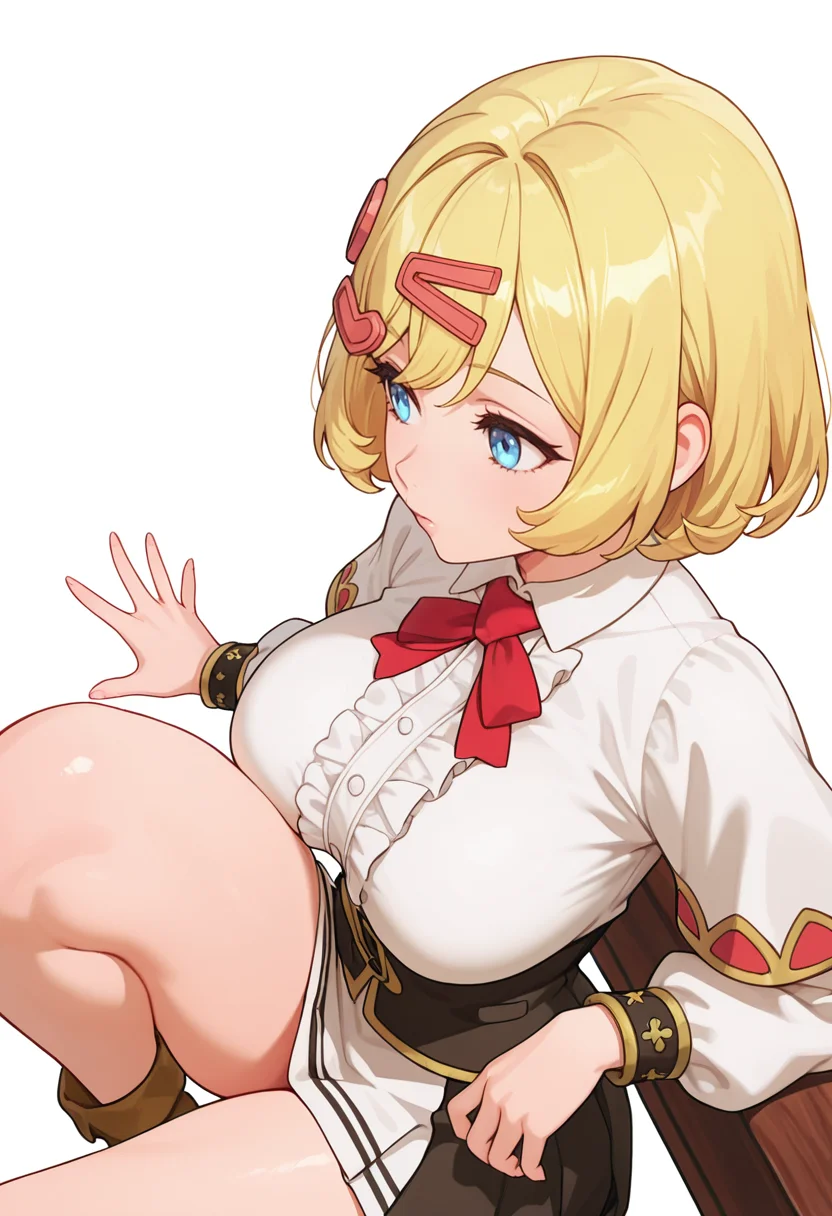 Smooth Quality,masterpiece,very intricate, high quality details, ultra realistic, high detailed skin,detailed enviorement,absurdres,
spread fingers,solo,
<lora:Esyne_CNR:0.8> esyne_cnr, blue eyes, blonde hair, short hair,large breasts, hair ornament, hairclip,, simple background, white background, from above,
reclining, one leg over other, arm on backrest, calm, composed, ,, . .,
