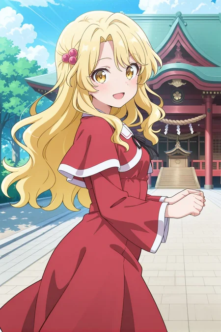 absurdres, highres, masterpiece, best quality, amazing quality, official anime artwork, screencap, anime screencap, outdoors, dynamic pose, open mouth, smile, from the side, shrine,
<lora:Yumeko_Illustrious:1> yumeko, 1girl, solo, yellow eyes, blonde hair, long hair, wavy hair, small breasts,,
<lora:Shinki_Illustrious:0.7> alternate costume, hair bobbles, black ribbon, red capelet, red dress, wide sleeves,