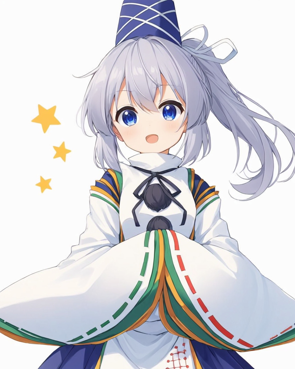 mononobe no futo,1girl, solo, tate_eboshi, open_mouth, ribbon-trimmed_sleeves, kariginu, white_background, wide_sleeves, simple_background, ponytail, pom_pom_\(clothes\), hands_in_opposite_sleeves, facing_viewer, :d, long_sleeves, ^_^, ribbon, head_tilt, blue_headwear, blue_skirt
<lora:mononobe_no_futo_image4909_2023-12-20-000007:1>,star-shaped_pupils,symbol-shaped_pupils,. gorgeous,key visual, vibrant, studio anime,award-winning, professional, highly detailed,high budget, cinemascope