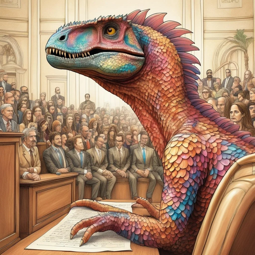 Judgment, standing in the dock, handdrawn sketch of court proceedings on buff coarse paper, colored ink with soft pencil, velociraptor:defendant made out of iridescent scales, dinosaur, speaking, being watched by crowd of judges, court of law, high-resolution,
p1nk1r1sc4l3s