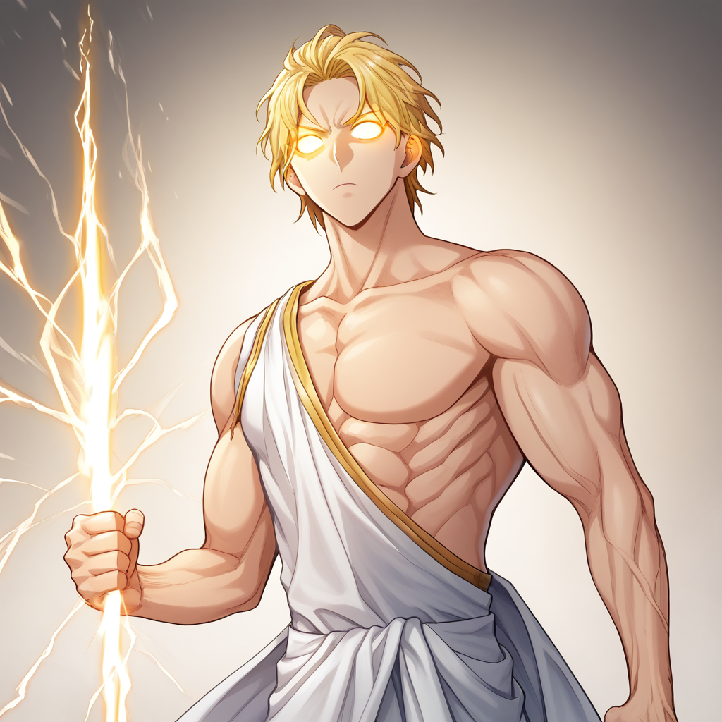 score_8_up, BREAK, holdingzeusthunderbolt, holding thunderbolt, 1boy, solo, blonde hair, muscular, glowing eyes, no pupils, white clothes,  <lora:HoldingZeusThunderBolt_PXL_Leaf1:1> <lora:Manhwa_Style_PXL_Leaf2:1>, manhwa,