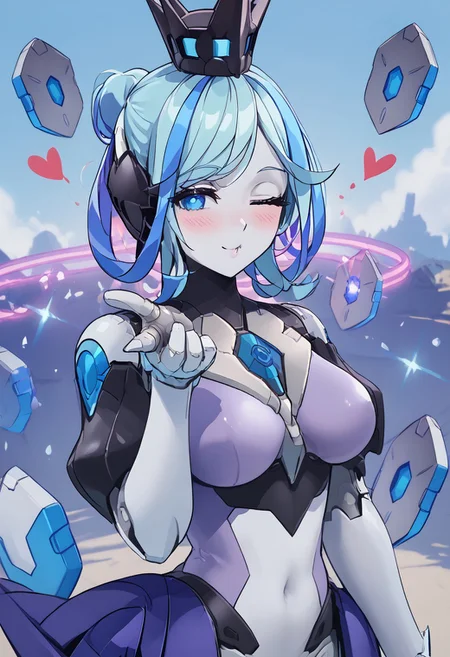 score_4,score_5,score_6,score_7_up,score_8_up,score_9 ((masterpiece,best quality,ultra detailed,highres,HD,4k:1.2)),
1girl, solo,solo focus,girl focus,face focus,
robot joints,colored skin,
blue hair,two-tone hair,multicolored hair,streaked hair,single hair bun,crown,blue eyes,large breasts,
outdoor,
<lora:blowing-kiss-ponyxl-lora-nochekaiser:1>, blowing kiss, pucked lips, heart, one eye closed, o3o, looking at viewer, hand up,Pouting lips,pointing fingertips towards viewer, blush,shy,smile,Half-closed eyes, squinting, staring,jitome,
