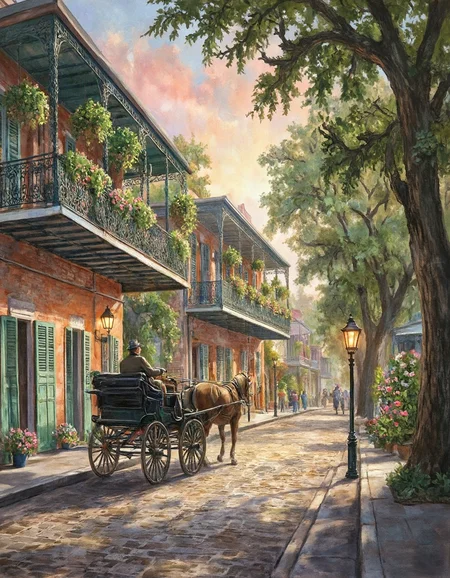 A painting of a French Quarter-inspired colonial scene, rich with historic charm and atmospheric details. The composition showcases a cobblestone street lined with two-story buildings, their façades adorned with wrought-iron balconies and vibrant shutters painted in shades of green, blue, and ochre. The buildings are made of weathered brick and stucco, exuding a sense of timelessness.
In the foreground, a horse-drawn carriage slowly moves down the street, its wheels leaving faint tracks on the uneven cobblestones. The driver, dressed in a brimmed hat and coat, steers the horse with a relaxed ease, evoking the leisurely pace of life in the colony. Small gas lamps along the street cast a warm, golden glow, adding depth to the scene.
Lush greenery spills over the balconies, with hanging ferns and vibrant flowering plants such as bougainvillea adding a burst of color. In the background, towering trees with Spanish moss frame the scene, while hints of a setting sun paint the sky in soft pink and orange hues. The atmosphere is lively but serene, with a few figures strolling along the sidewalks, dressed in 18th-century colonial attire.
The painting is rendered in a romantic, slightly impressionistic style, with soft brushstrokes and an emphasis on warm tones and light. The texture of the cobblestones, the intricate details of the ironwork, and the dappled light filtering through the trees create a rich, immersive atmosphere.
Medium and Style:
Oil on canvas or watercolor for a softer, nostalgic effect.
Romantic and impressionistic with a focus on warm lighting and soft edges to convey atmosphere and historical charm.