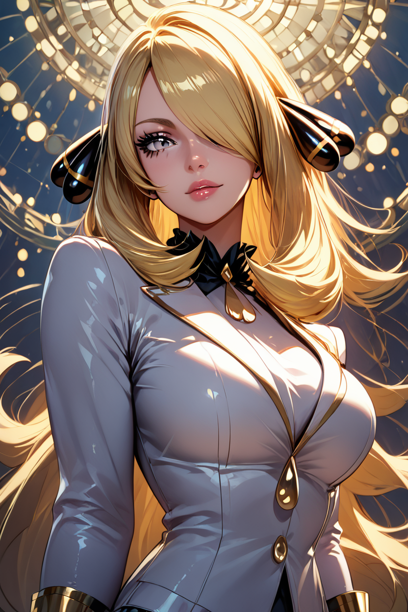 score_9, score_8_up, score_8, medium breasts, (curvy), cute, eyelashes,       ,,, ,  C007Citron, grey eyes, hair over one eye, blonde hair, hair ornament, long hair,  long sleeves, white gloves, white jacket, white pants, alternate costume, shirt,  <lora:Cynthia007PDXL:1>, , BREAK,  (ultra realistic,32k, masterpiece:1.2),(high detailed skin:1.1),( high quality:1.1), head tilt, lips, closed mouth, shiny clothes, (upper body), looking at viewer, bokeh, luminescent background, ,,, embedding:zPDXL, Expressiveh, ,,, <lora:RlAnmPDXL:1.0>,