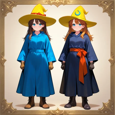 2girls, front view, symmetrical composition, plain dark background, soft lighting, high detail, magical aura, professional character sheet st
2girls<lora:BlackMage_CostumeV2_Illustrious:0.7>,Blackmage_cos,black robe,witch hat,yellow_headwear,wide ,sleeves,gloves,hat ornament,sash,boots,BREAK
2girl,<lora:BlackMage_CostumeV2_Illustrious:0.7>,Blackmage_cos,blue robe,witch hat,(yellow_headwear:1.2),wide ,sleeves,gloves,hat bow,boots,, masterpiece, best quality, amazing quality, newest