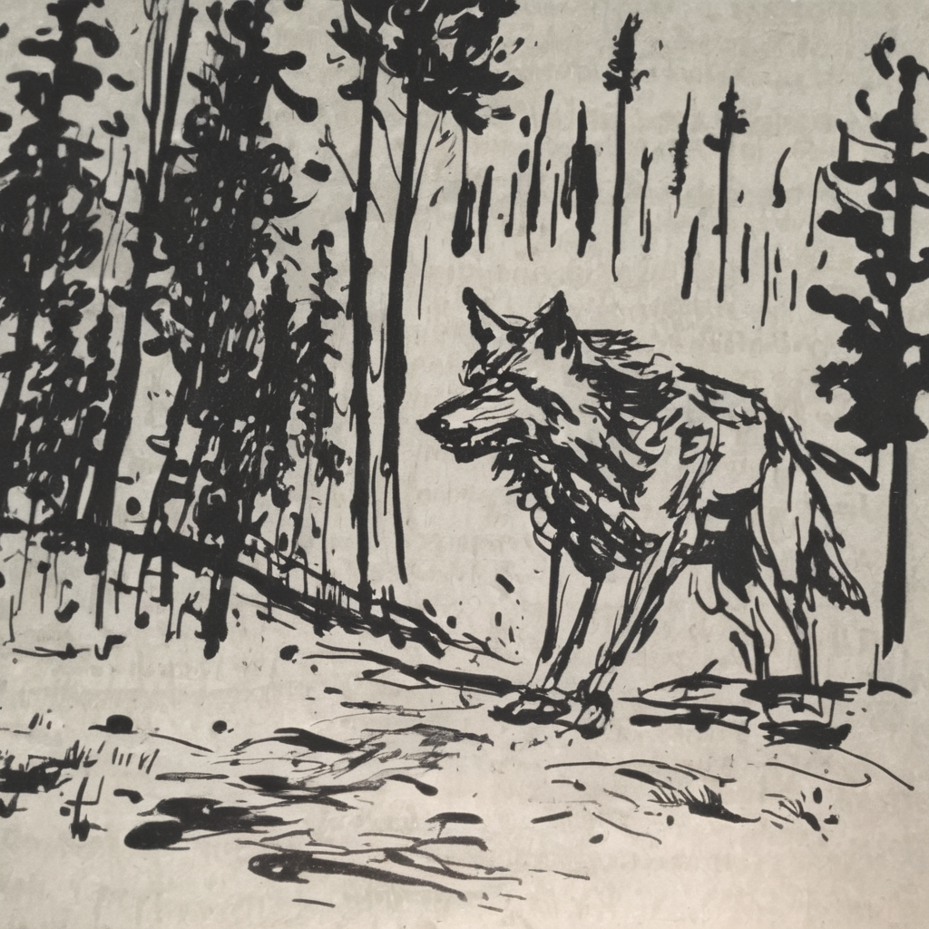 grabianski-sk dangerous wolf in dark forest, sketch<lora:grabianski-sk:1>