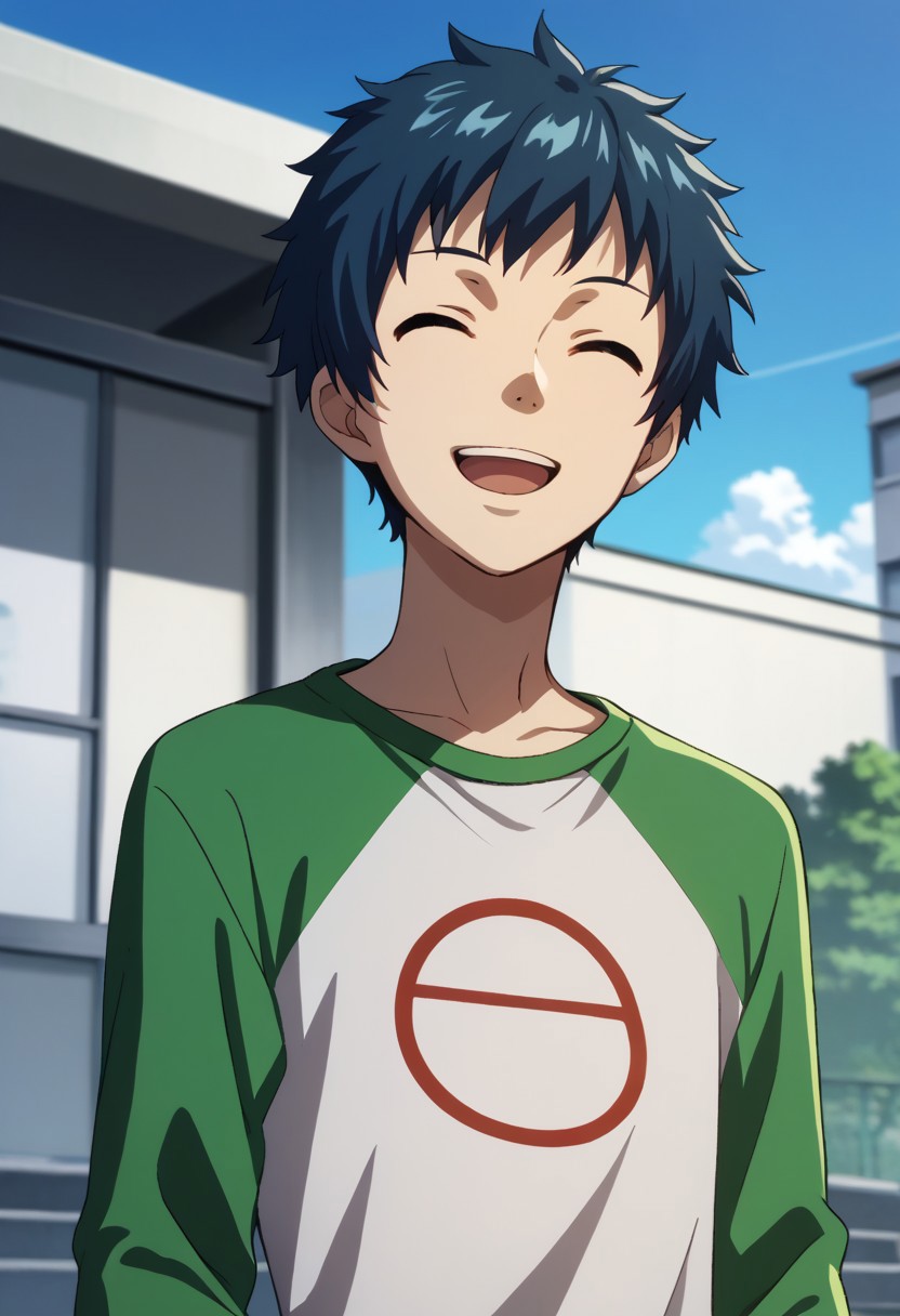 score_9, score_7_up, source_anime, 
mishima, 1boy, male focus, solo, closed eyes, blue hair, short hair, multicolored shirt, multicolred clothes, shirt, green shirt, white shirt, raglan sleeves,  smile, open mouth,
outdoor, sky