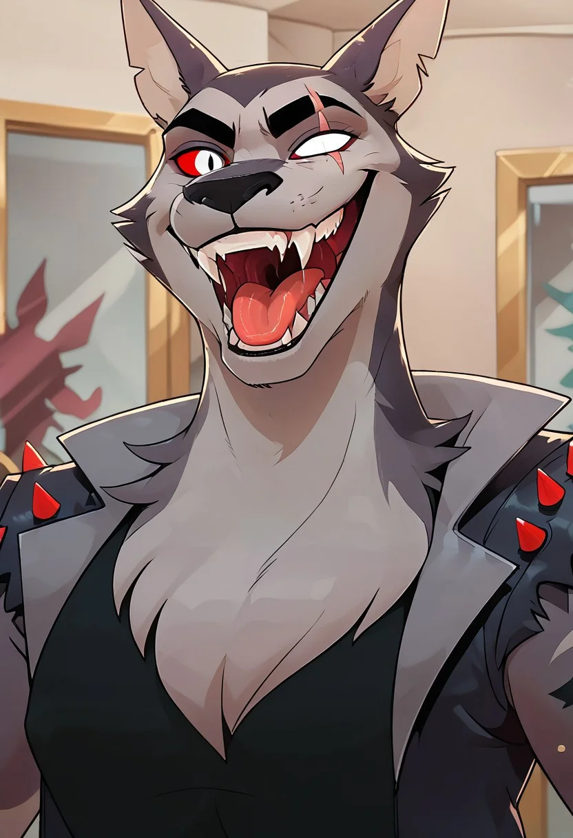 SCORE_9, SCORE_8_UP, SOURCE_ANIME, REALISTIC, BREAK, 1MALE, TEX, FACE FOCUS, CLOSE UP, FURRY, GREY FUR, (SCAR ACROSS EYE), (BLANK GLASS EYE), RIGHT EYE SILVER, RIGHT RED SCLERA, EAR SLITS, TANK TOP, SPIKED LEATHER VEST, BLACK VEST, ARM TATTOO, LAUGHING, MOUTH OPEN, FANGS, HIGH RESOLUTION, VIVD TEXTURES, relaxed, looking at viewer, smile, smirk, grin, mouth shot, mawshot, open mouth, vore, imminent vore, oral invitation, saliva, tongue, throat, dutch angle, leaning in, leaning close, one finger on tongue