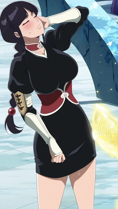 source_anime, masterpiece, best quality, amazing quality, anime screencap, high quality, 8k, absurdres, official style, 1girl, solo, closed eyes, eyes closed, blush, standing, hand on face, <lora:Nemu_Kurotsuchi_iL:1>, n3mu kur0t5uch1, black eyes, black hair, long hair, single braid, bangs, blunt bangs, soul reaper outfit, breasts, large breasts, japanese clothes, long sleeves, kote, puffy sleeves, dress, choker, corset, red corset,
