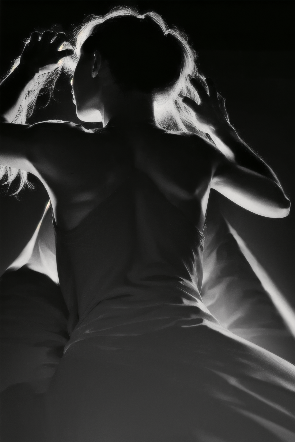 (Realisitc:1.5) (view from back) EdobShadow a woman in the dark, Lying on back with arms stretched out above head, (black background:1.3) <lora:EdobShadow_v1.0:1>