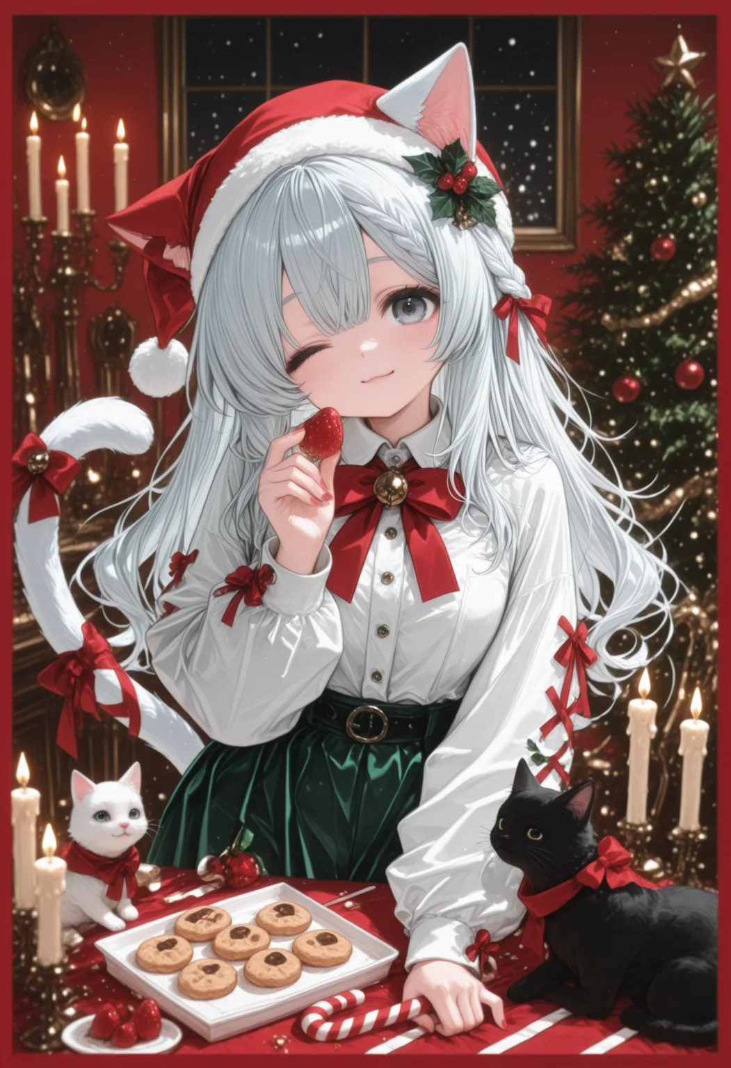 ,1girl, solo, long hair, looking at viewer, smile, hat, holding, bow, animal ears, white hair, grey hair, braid, food, one eye closed, cat ears, grey eyes, fruit, cat, cat girl, red nails, christmas, strawberry, tail ornament, candle, cookie, candy cane, candlestand, holly, red border,,masterpiece,best quality,newest,absurdres,highres,very awa,detail background
