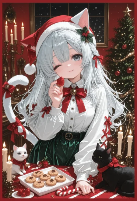 ,1girl, solo, long hair, looking at viewer, smile, hat, holding, bow, animal ears, white hair, grey hair, braid, food, one eye closed, cat ears, grey eyes, fruit, cat, cat girl, red nails, christmas, strawberry, tail ornament, candle, cookie, candy cane, candlestand, holly, red border,,masterpiece,best quality,newest,absurdres,highres,very awa,detail background 