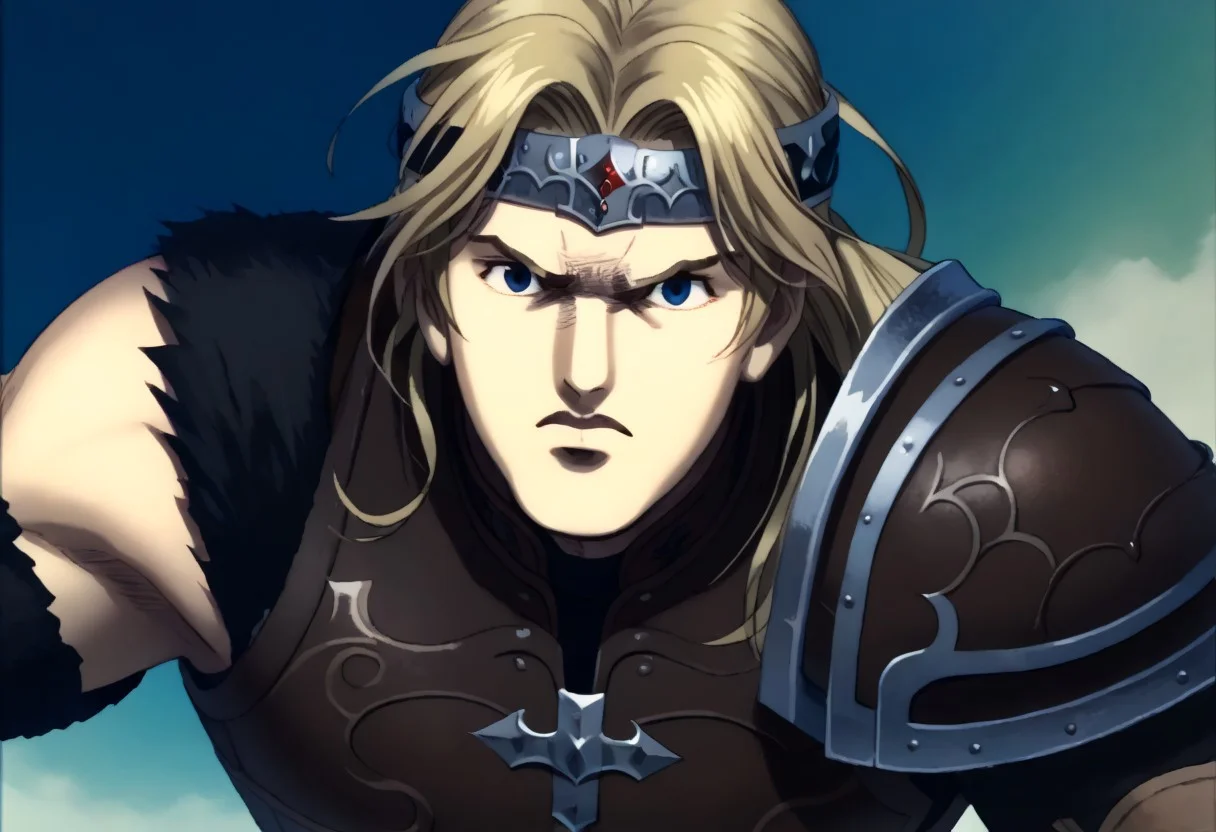 score_9, score_8_up, score_7_up, source_anime detailed background, cromartie, 1 boy, shade face, cromartie, simon belmont, simonbel, leather armor, jeweled headband, stylized brown breastplate, shoulder length blonde hair, solo, (single pauldron:1.2), (gasping:1.0)