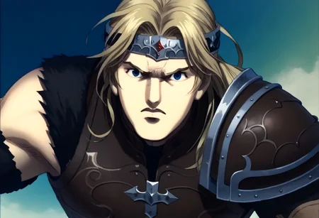 score_9, score_8_up, score_7_up, source_anime detailed background, cromartie, 1 boy, shade face, cromartie, simon belmont, simonbel, leather armor, jeweled headband, stylized brown breastplate, shoulder length blonde hair, solo, (single pauldron:1.2), (gasping:1.0)