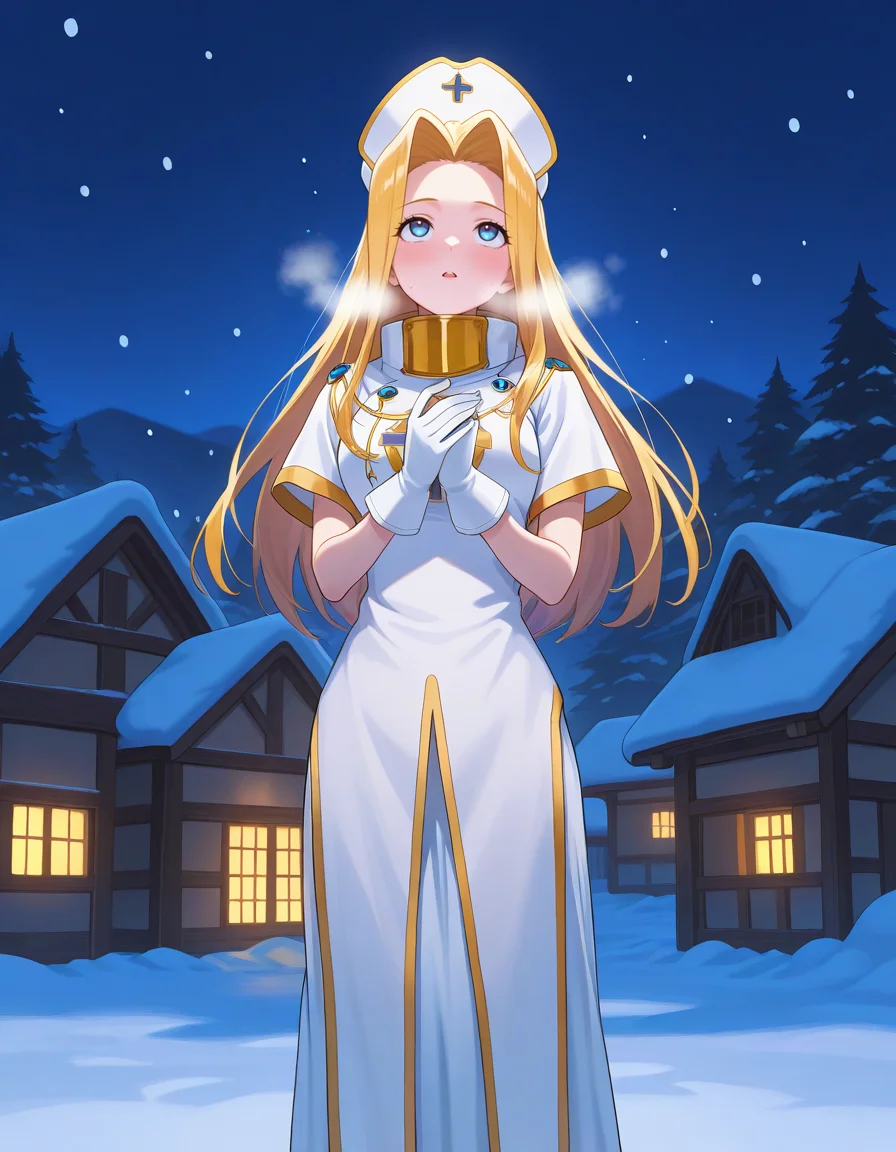 <lora:topmint_SDXL_Illustrious01_fp16_ver01:1>,ToPmint, 1girl, solo, hat, long hair, blonde hair,blue eyes, gloves,dress,cross,full body, nurse cap,long skirt,village, night, snow,snowing, heavy breathing, cowboy shot, looking up,, masterpiece, best quality, very aesthetic, absurdres,<lora:detailed_hands:1>,hand