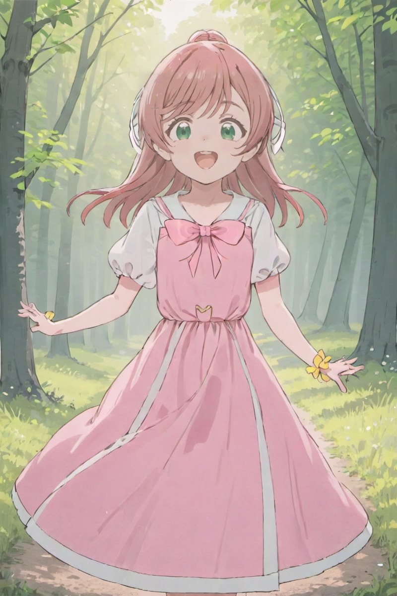 extremely detailed background, 1girl, solo, casual outfit, outdoors, smile, open mouth, white pink dress, short sleeves, ribbon, <lora:Nijigaoka Mashiro XL V1-000007:0.6>