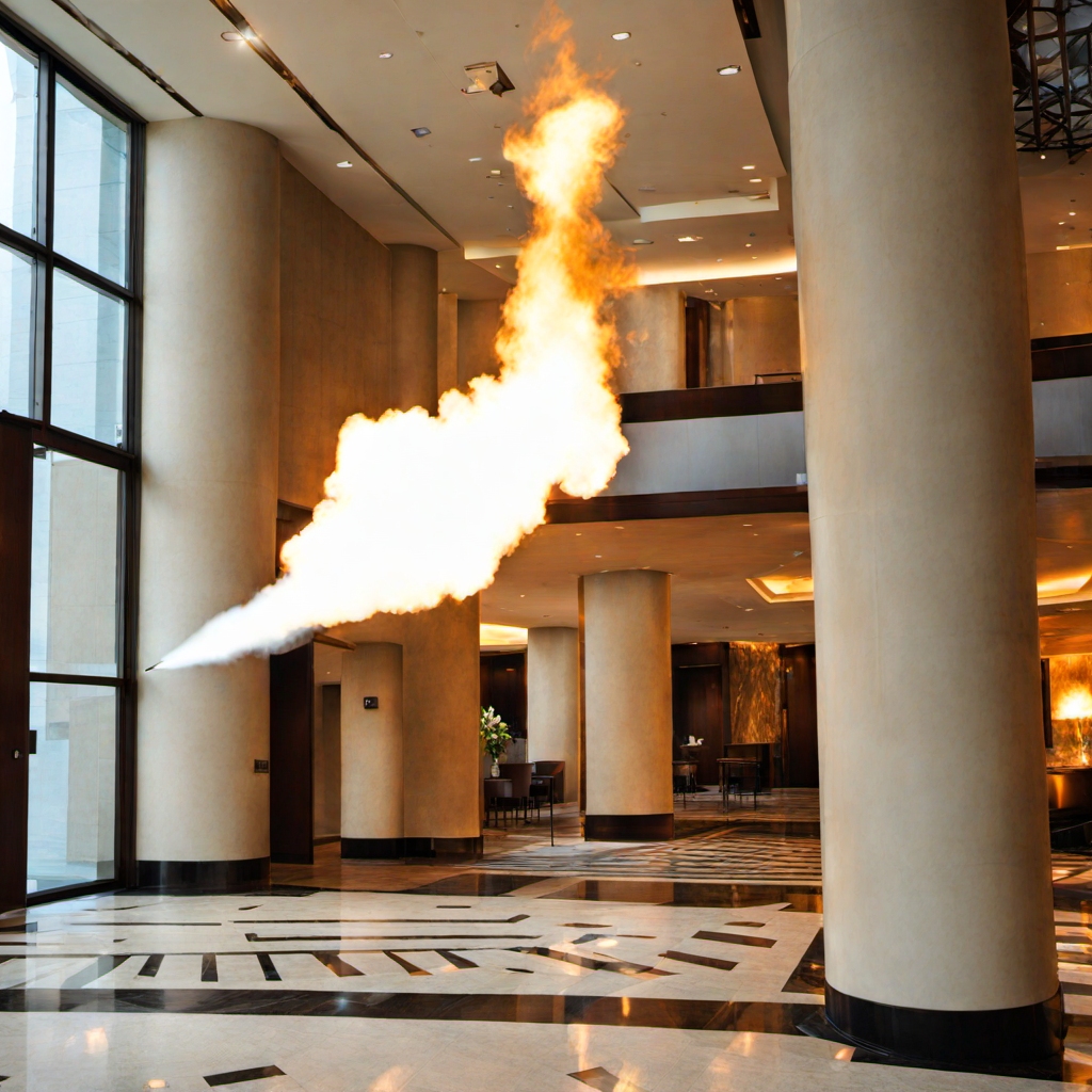 inside a hotel lobby flame jet from the left <lora:inferno:1>