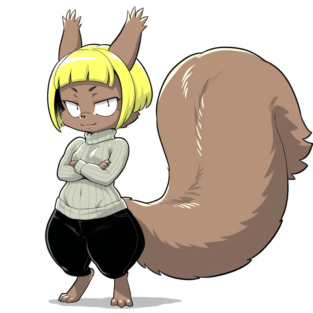 Cookie(FFC), by daigaijin, Solo, 1girl, anthro, female furry, squirrel, rodent, brown fur, blonde hair, short hair, long tail, fluffy tail, black eyes, shortstack, small breasts, digigrade feet, full body, standing, black pants, grey turtleneck, arms crossed, looking at viewer, soft smile, white background,