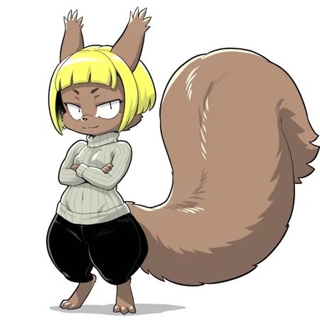 Cookie(FFC), by daigaijin, Solo, 1girl, anthro, female furry, squirrel, rodent, brown fur, blonde hair, short hair, long tail, fluffy tail, black eyes, shortstack, small breasts, digigrade feet, full body, standing, black pants, grey turtleneck, arms crossed, looking at viewer, soft smile, white background,