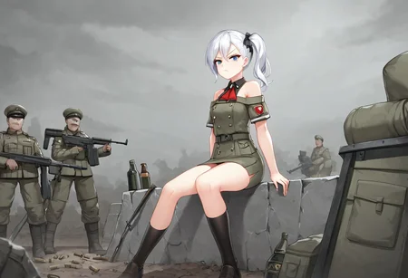 Best quality,ultra Hd, war zone ambience,short skirt,source anime, hammer and sickle cross symbol on red flag,game CG,battle style thigh high sock, smooth skin, soft medium round breast,glowing body,nice blue eye,long light white hair girl,side ponytail with ribbon, black & white elegant Soviet army winter outfit, outdoor,bare shoulder,waifu material, very sour face, hand hold SVD riffle , lawfull good tsundere girl, serious vibes, she with upset face with position to fire ,pointing gun at enemy,arctic cycle front,under heavy enemy concentrate fire, Trench
with barbwire background,bottle of Vodka,sit on Trench with return fire,bullet casing, Blizzard ,pout face,cold looking eye, soldier in defense Trench formation,Trench warfare,T 62 tank ,ussr,with red flag,слава России