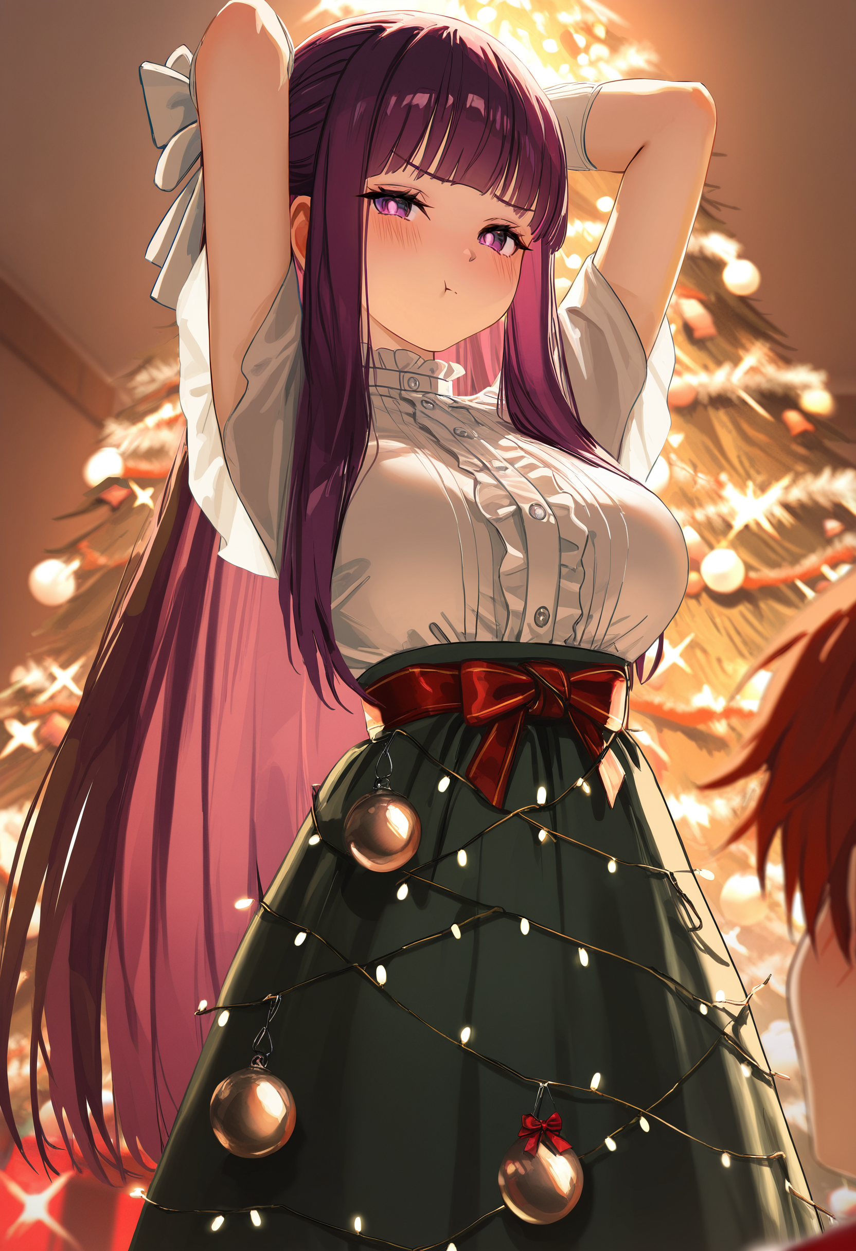 by [lack|fuzichoco|lam|kinta \(distortion\)|wlop|quasarcake|nixeu|happoubi jin|miyajima reiji],
christmas tree costume, fern \(sousou no frieren\), pout, 1girl, 1boy, stark \(sousou no frieren\), blush, arms up, closed mouth, looking at viewer, christmas tree, christmas ornaments, red bow, very long hair, white bow, hat, green skirt, bell, frills, gloves, hair bow,
indoors, christmas lights, backlighting, 
masterpiece, best quality, very awa, very aesthetic, absurdres
 <lora:illustrious_noobai_epsilon_pred_11_christmas_collection_v2:1>