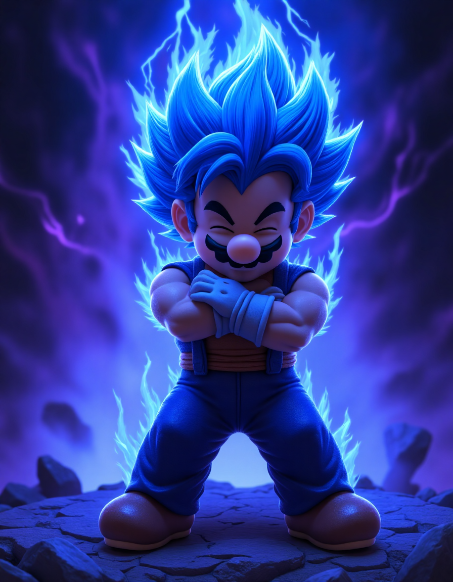 Super Mario is turning Super Saiyan Blue, his hair and mustache are turning blue as well. The image is set in a dark and moody environment with a blue and purple color scheme. The background is a dark blue with a purple aura around Mario. He is standing in a powerful pose with his arms crossed and his eyes closed, as if he is summoning his power. The aura around him is crackling with blue energy, and his hair and mustache are standing on end. The overall effect is one of intense power and energy., aidmaMJ6.1, aidmaHyperrealism, <lora:aidmaMJ6.1v0.4:0.6>, <lora:aidmaHyperrealismv0.3:0.5>