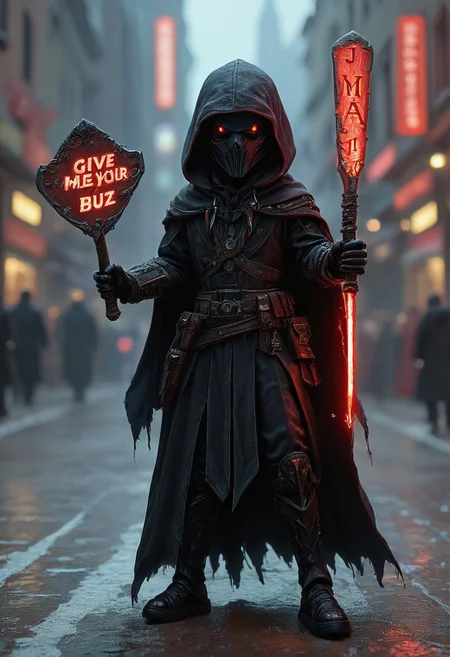 A Sith empire warrior, clad in black armor with glowing crimson light, intricate details and a mask that obscures his eyes, he points his red light sabre towards the viewer while holding a sign in his other hand. The sign, etched with blood, has the text: “Give Me All Your Buzz"
 <lora:aidmaFluxStyleXL-v0.2:0.85> flux-style, tendrils of black fog, detailed intricate black gothic armor, hooded cloak, dark contrast and cinematic lighting, soul knight,