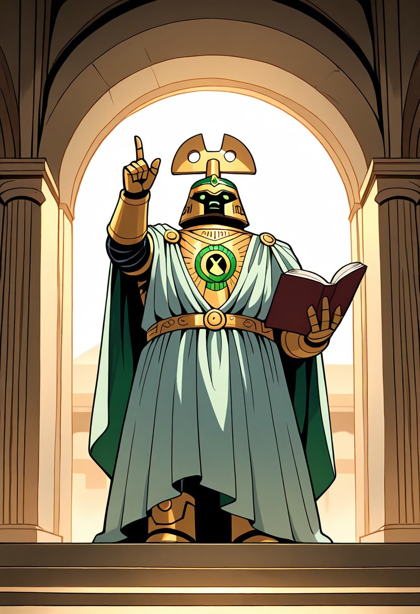 masterpiece, best quality, amazing quality, very aesthetic, absurdres, newest, 
 clockwork, robot, solo, no humans, 
ancient rome, ancient Greece, greek mythology, greek robe, green crown, athens, pointing up, holding book,