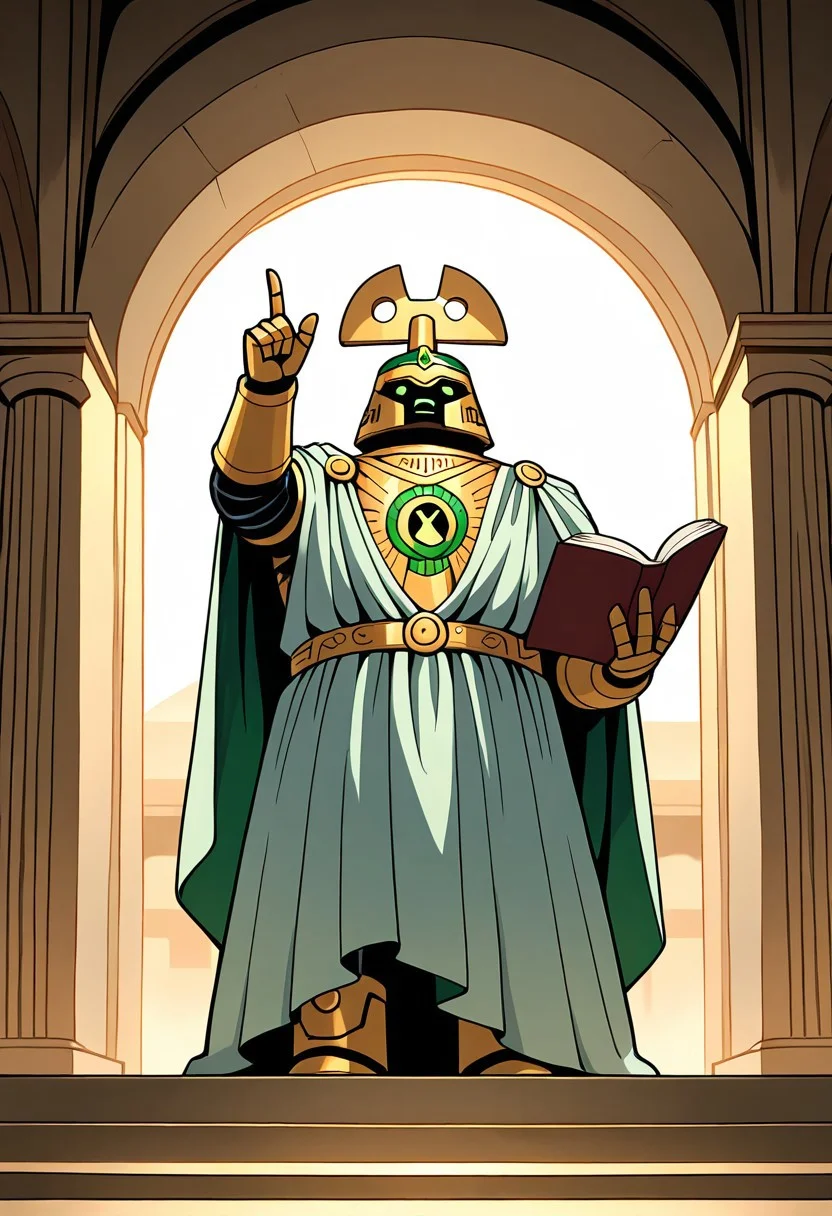 masterpiece, best quality, amazing quality, very aesthetic, absurdres, newest,
clockwork, robot, solo, no humans,
ancient rome, ancient Greece, greek mythology, greek robe, green crown, athens, pointing up, holding book,