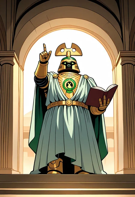 masterpiece, best quality, amazing quality, very aesthetic, absurdres, newest,
clockwork, robot, solo, no humans,
ancient rome, ancient Greece, greek mythology, greek robe, green crown, athens, pointing up, holding book,