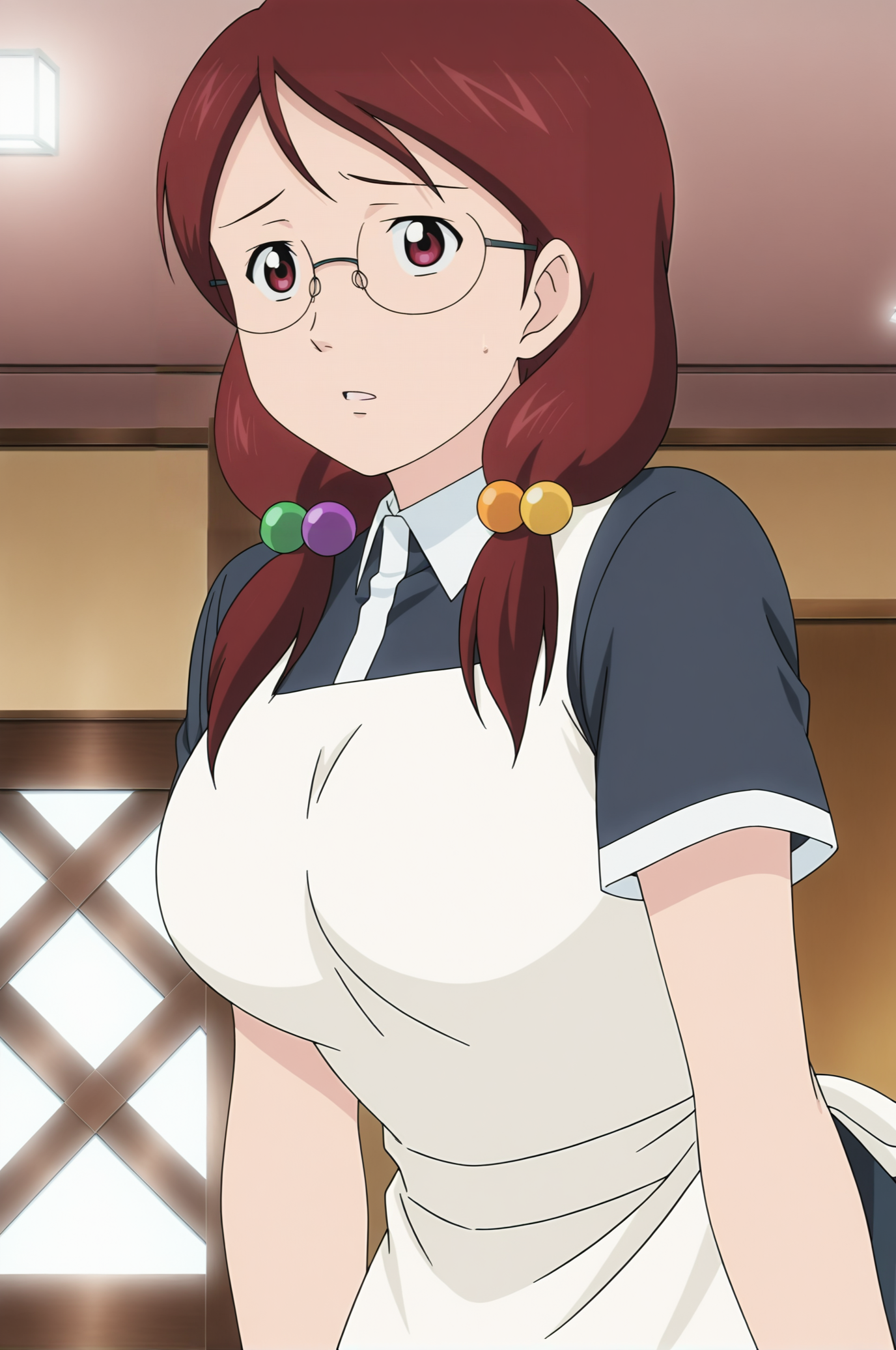 anime screencap,anime coloring,detailed face,masterpiece,best quality,very aesthetic,absurdres,volumetric lighting,official style,amazing quality,ultra detailed,highres,amazing quality,scenery,beautiful detailed hair,beautiful detailed eyes,official anime artwork,
<lora:Mera Chisato-IL V1:1>,Mera Chisato,1girl,solo,glasses,red hair,brown hair,hair ornament,hair bobbles,apron,large breasts,white apron,