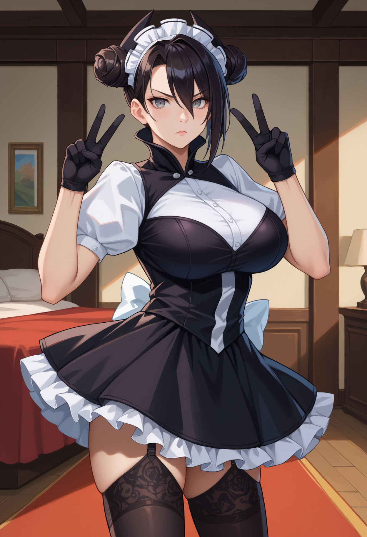 score_9,score_7_up,1girl,jeloag,large breasts,grey eyes,black hair,asymmetrical hair,double bun,hair between eyes,black horns,indoors,standing,double v,headdress,high collar,layered clothes,white shirt,black dress,puffy sleeves,short sleeves,white bow,black gloves,garter straps,black thighhighs,looking at viewer,serious<segment:yolo-Anzhc Face seg 640 v2 y8n.pt,0.4,0.3//cid=1><segment:yolo-Anzhc Breasts Seg v1 1024m.pt,0.4,0.3//cid=2>