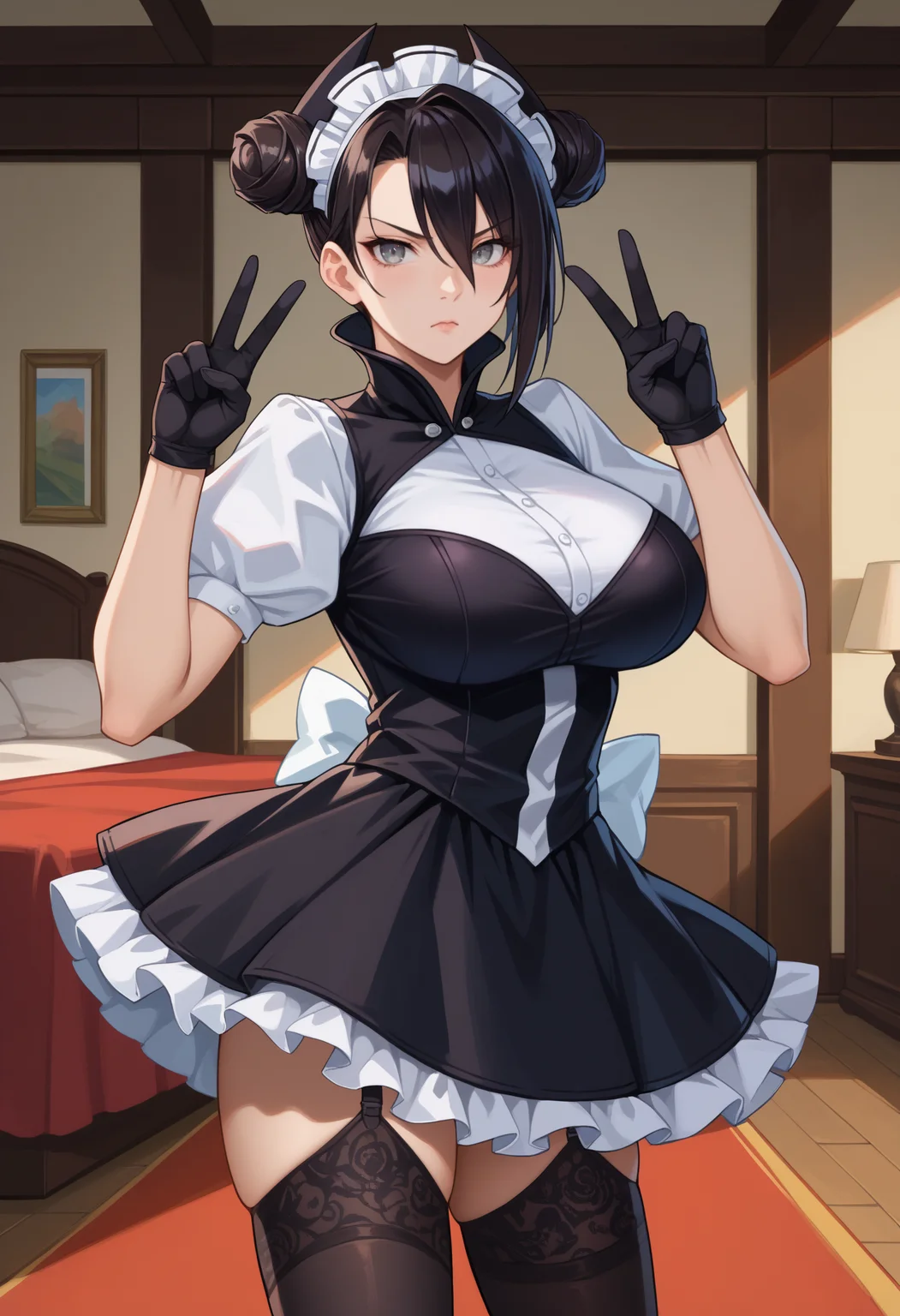 score_9,score_7_up,1girl,jeloag,large breasts,grey eyes,black hair,asymmetrical hair,double bun,hair between eyes,black horns,indoors,standing,double v,headdress,high collar,layered clothes,white shirt,black dress,puffy sleeves,short sleeves,white bow,black gloves,garter straps,black thighhighs,looking at viewer,serious<segment:yolo-Anzhc Face seg 640 v2 y8n.pt,0.4,0.3//cid=1><segment:yolo-Anzhc Breasts Seg v1 1024m.pt,0.4,0.3//cid=2>