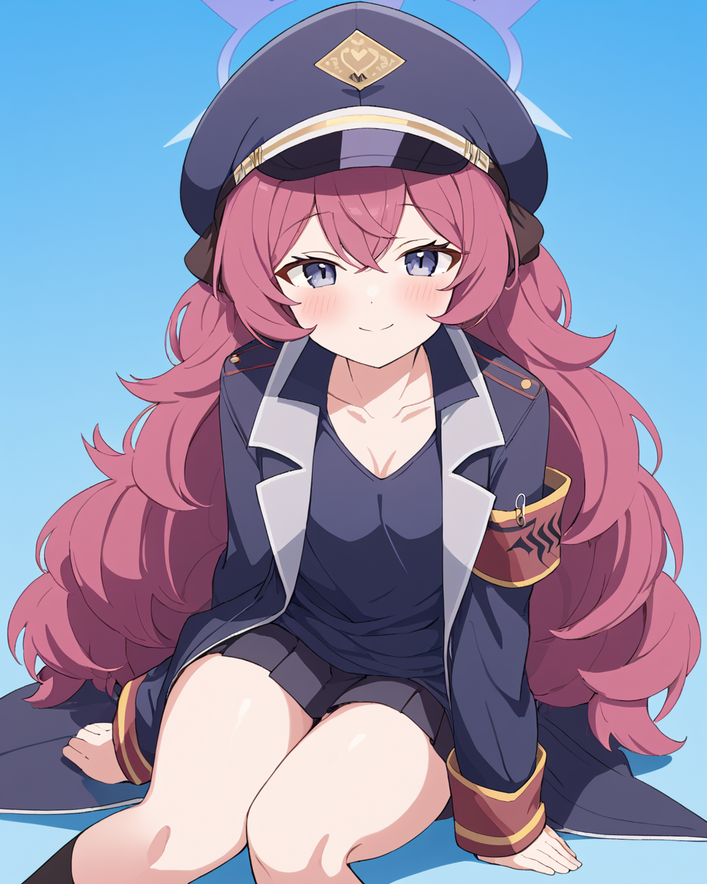 iroha \(blue archive\),1girl, solo, halo, black_shirt, simple_background, smile, military, sitting, armband, blush, military_uniform, peaked_cap, looking_at_viewer, blue_background, military_hat, collarbone, jacket, adjusting_legwear, long_sleeves, sock_pull, closed_mouth, black_headwear, skirt
<lora:iroha_(blue_archive)_image1923_2023-11-27-000012:1>halo. gorgeous,key visual, vibrant, studio anime,award-winning, professional, highly detailed,high budget, cinemascope