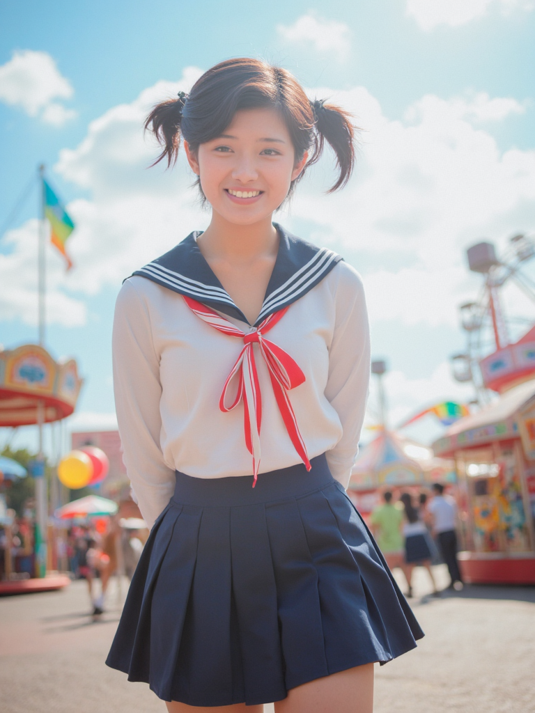 There are wonderful studio lights and various reflections,
18yo beautiful cute girl with blushing and female orgasm.skin naturally showing the texture of blood vessels and detailed pale skin,
--,
<lora:Yamaguchi_Momoe_f1_rank2_bf16:1>,she is Yamaguchi Momoe,
--, --,A lively girl dressed in a white sailor-style blouse and a dark blue pleated skirt, with a red bow tied at the neckline, showcasing a typical school style. Her jet-black long hair is styled into playful twin tails, adorned with red and white ribbons that bounce cheerfully with her movements. She pairs knee-high white socks with brown leather shoes, exuding youthful energy. With her hands clasped behind her back and her body slightly leaning forward, her face beams with a radiant smile, her eyes sparkling with excitement, revealing an aura of pure innocence and cuteness.In the vibrant amusement park background, colorful carousels and bright Ferris wheels are faintly visible. Multicolored balloons float around, and cheerful amusement park music and laughter echo in the distance. Under the sunny sky with white clouds, the metal structures of the rides gleam with dazzling light. The camera captures the girl from a slightly upward perspective at eye level, placing her at the center of the frame, with the background moderately blurred to emphasize her vitality and innocence. The warm-toned lighting adds to the joyful atmosphere of the scene, with the girl's skirt and ribbons fluttering gently in the breeze, capturing a moment brimming with youthful exuberance. The composition is lively and dynamic, with rich but harmonious colors, perfectly showcasing the amusement park's joyous ambiance and the girl's youthful energy.
