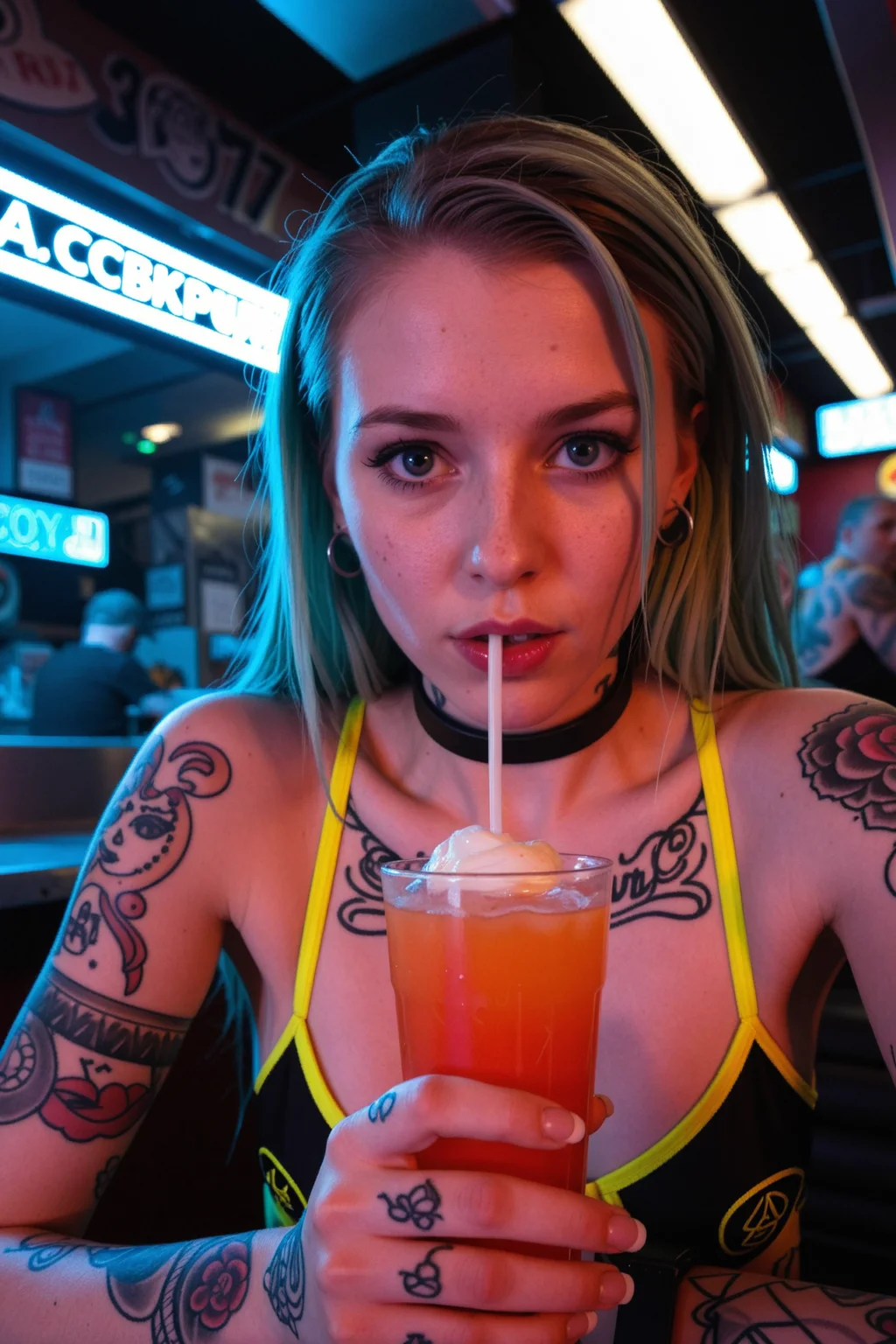 (vivid vibrant colors, high contrast, sharp focus).
high-resolution editorial portrait photography RAW photo sharp focus shot with ( Leica SL2 ) and ( Pentax Super-Takumar 50mm f/1.4 ) at ISO 100 (style by Cyberpunk 2077) a medium close-up of a woman in her twenties with cyberpunk neon coloured long hair sitting with amazing detailed food in a run down dark cyberpunk diner interior holding a cocktail glass wearing neonpunk boho cyberpunk outfit colourful intricate tattoos on her arms she is facing the viewer with intense eye contact natural beauty shy amazing eyes soft lighting detailed beautiful face with natural skin texture and skin imperfections detailed natural skin texture with skin imperfections correct anatomy hands and fingers focus on face stunning and mezmerizing photo high resolution sharp focus soft lighting professional photography 8k complex scene perfect composition correct anatomy and body proportions