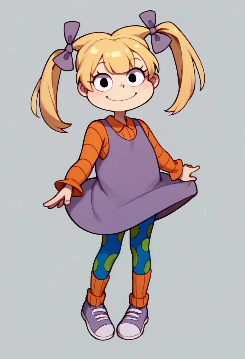 score_9, score_8_up, score_7_up BREAK AngelicaP, 1girl, blonde hair, black eyes, pigtails, purple bows, sleeveless purple dress, orange long-sleeved shirt, blue green polka dot leggings, orange socks, purple white shoes, full body, smiling at viewer, cartoon, source_cartoon,