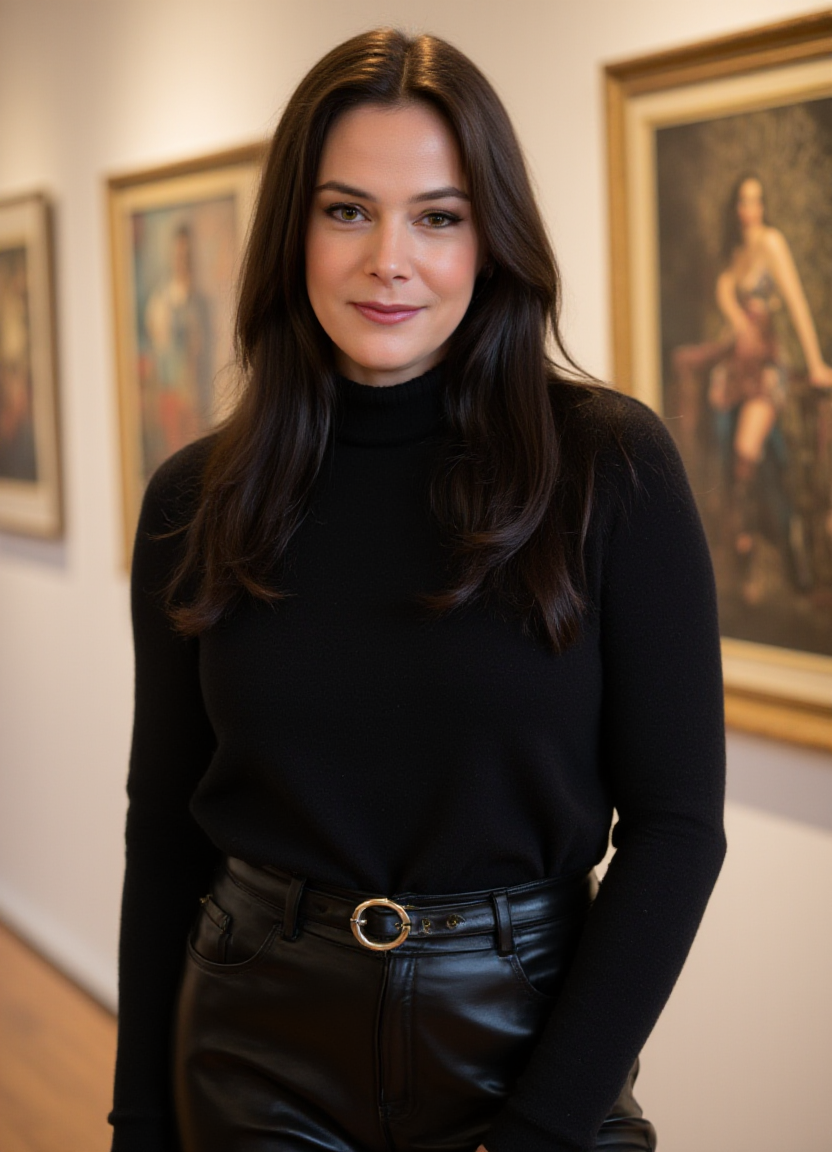 SFW, The image is a portrait of a woman standing in an art gallery. She is wearing a black long-sleeved top and black leather pants. She has long e hair that is styled in loose waves and is wearing minimal makeup. The woman is smiling and looking directly at the camera. In the background, there are several paintings hanging on the wall. The overall mood of the image is confident and relaxed., aidmaimageupgrader<lora:flux\custom\celebrity\lisa-synder.safetensors:1.0:1.0> <lora:turbo-8-step-flux.safetensors:0.5:0.5> <lora:flux\style\Common\aidmaImageUprader-FLUX-v0.3.safetensors:0.25:0.25>