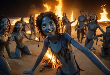 Kiri is ((dancing)) on the knees in circle of her blue-skinned sisters on beach sand, closeup, hands above the head, smiling, laughing, big eyes wide open, (night, darkness, lit by the flames of torches and campfires, beautiful nature and sea with (((high surf)))) on background, view from high angle, SK_CINEMATIC