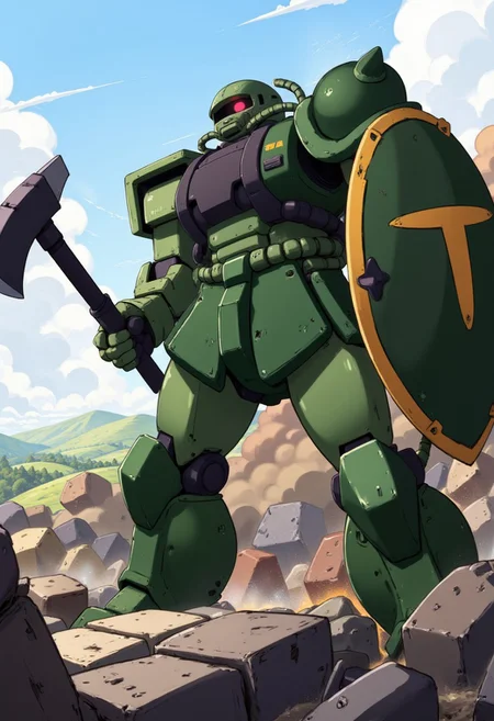 Create a dynamic and detailed illustration of a Zaku II mobile suit in the middle of combat. The Zaku II,(((mecha red))) dressed in its iconic green and heavily armored exterior, (((axe in hand))), the mobile suit's bright red mono-eye glows brightly when focused on the target, adding a sense of intensity and menace to the scene . The Zaku II's armor shows signs of battle, with scratches, dents, and dirt collecting on its surface, reflecting its rugged durability. The huge shield strapped to his arm bears the Zeon insignia, further emphasizing his loyalty. Behind the Zaku II, the sky is clear and the landscape is a mix of hills and a distant horizon, which contrasts with the chaotic action in the foreground. The overall atmosphere is one of power and destruction, capturing the Zaku II as a fearsome war machine in the heat of battle. Z4KU2