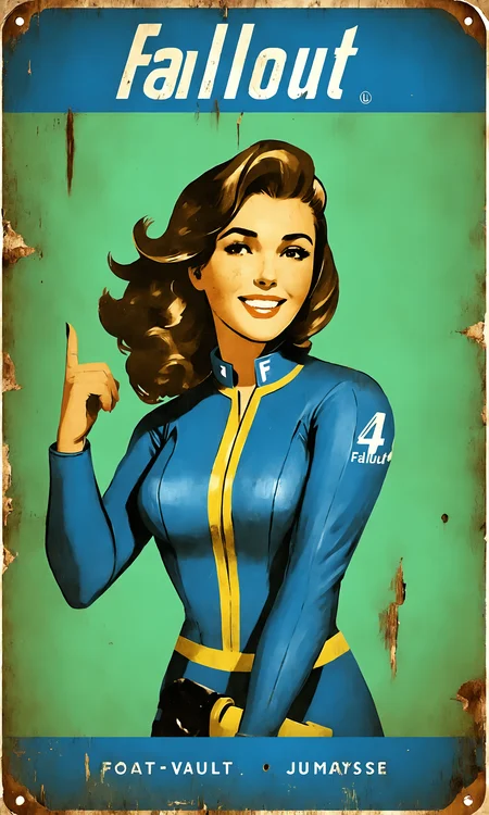 poster of a woman wearing blue vault jumpsuit, text "Fallout", falloutpostsdxl,<lora:falloutpostsdxl:1>, 1960s \(style\), distressed poster, long hair, illustration