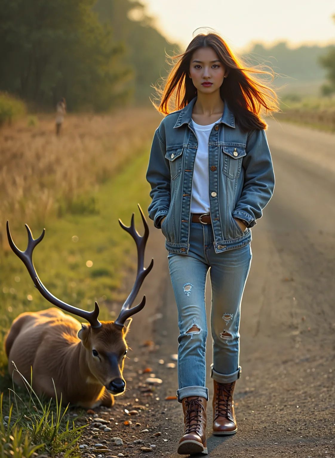 cinematic film still a young woman walking on a road with a deer lying on the side. The woman is wearing a denim jacket, ripped jeans, and brown boots. She has long brown hair and is looking directly at the camera with a serious expression. The deer has large antlers and is lying on its side on the road. The background is a field with tall grass and trees. The sky is orange and yellow, indicating that it is either sunrise or sunset. The overall mood of the image is peaceful and serene. <lora:add-detail-xl:.5> <lora:Flux-style-xl-lora:.5>