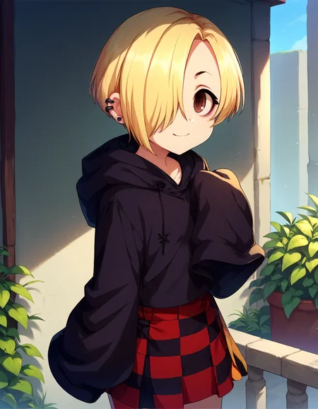 score_9,score_8_up,score_7_up,1girl,solo,cowboy shot,looking at viewer,smile,closed mouth,outdoors,
<lora:shirasakakoume_ponyXLV6:0.8>,cgsko,
blonde hair,short hair,hair over one eye,brown eyes,bags under eyes,
ear piercing,black hood,sleeves past fingers,red checkered skirt