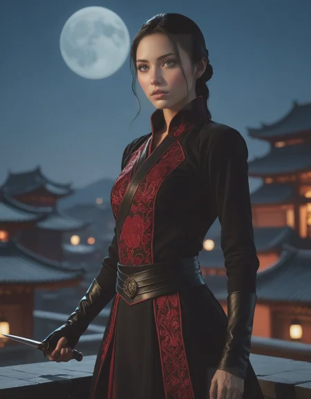 cinematic film still The enigmatic scene is bathed in a moonlit glow at night, A Chinese female assassin stands poised on a rooftop, wearing a form-fitting, midnight-black attire adorning her then toned frame with intricate crimson embroidery that shimmers when caught by the moon's soft glow, her detailed sharp eyes exude both determination and tranquility, her gloved hands, she holds a pair of slender curved daggers, bold colors and high contrast add to the dramatic effect of the scene, . shallow depth of field, vignette, highly detailed, high budget, bokeh, cinemascope, moody, epic, gorgeous, film grain, grainy,