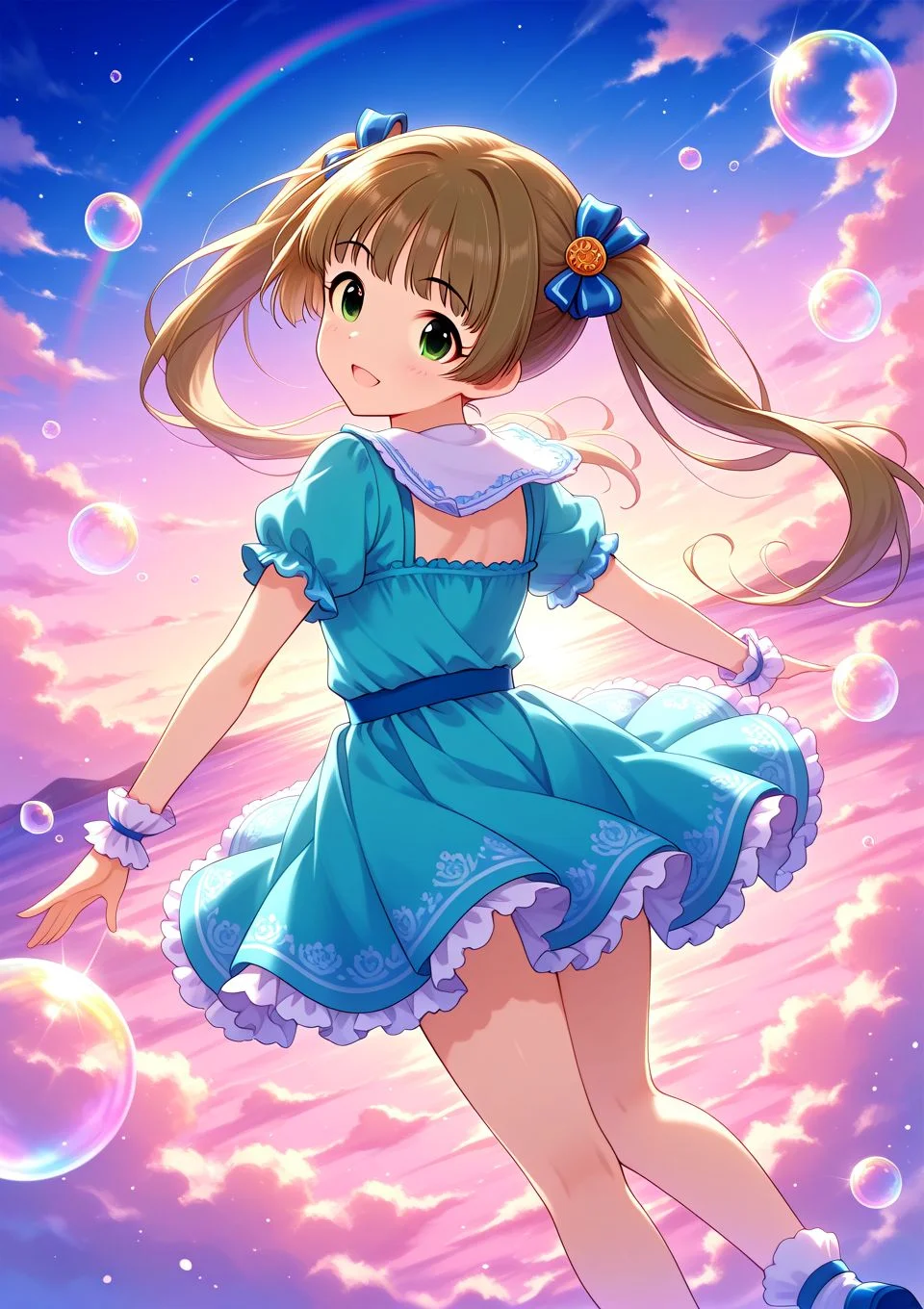 <lora:Yokoyama_Chika_Cinderella:0.9>, Yokoyama_Chika_Cinderella, long hair, twintails, brown hair, hair ornament, green eyes,
idolmaster, idolmaster cinderella girls,
<lora:soap-bubble-fantasy-04:0.7>, soap bubble background fantasy, rainbow bubbles,
<lora:on_cloud_v1_illustrious_d:0.7>, on_cloud, cloud,, BREAK
masterpiece, best quality, amazing quality, very aesthetic, absurdres, newest,
<lora:Eyes_High_Definition:0.6>, eyesHD, high gradient eyes, detailed eyes, high definition eyes,
<lora:LECO_Particles:1>,
BREAK, <lora:brightness_slider:-0.5>,, general, from behind, looking back, dutch angle, dynamic pose,