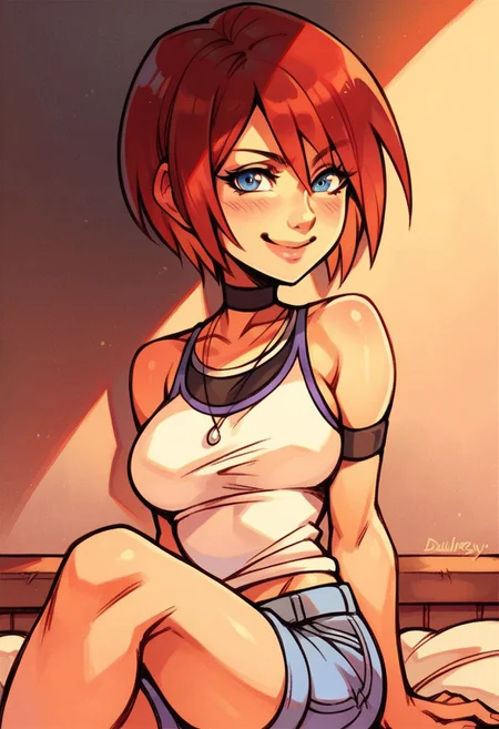 beautiful, high qualit, score_9, score_8_up, score_7_up, score_9, score_8_up, score_8, masterpiece, best quality, unrealistically high details, extremely high quality, ultra high detail, good anatomy, 1female, 1girl, solo, happy, sultry look, looking at viewer, leg spread, medium breasts,Kairi, blue eyes, short red hair, black choker, necklace, white tank top, black undershirt, bare shoulders, blue and yellow bands around arm, exposed midriff ,sadistic smile,narrow waist, wide hips, bedroom background,inside house,room,dark room, (ray tracing, good shadows, score_9, score_8_up, score_7_up),
(ray tracing, good shadows, score_9, score_8_up, score_7_up),blush,blushing,sitting,black shirt,shorts,smirk